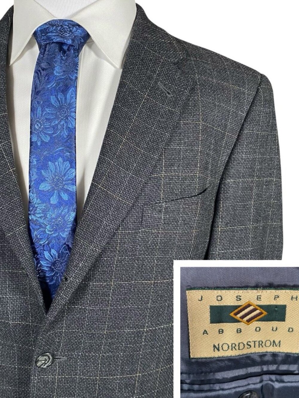 Joseph Abboud Sport Coat 40R Charcoal Windowpane Textured Woven Wool Blazer